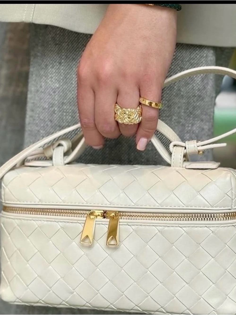 Cream Woven Leather Top-Handle Bag - Elegant Women's Handbag